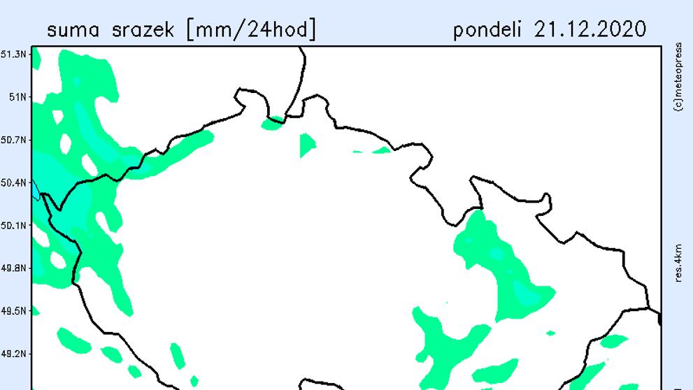 Mapa srážek - pondělí 21. 12. 2020