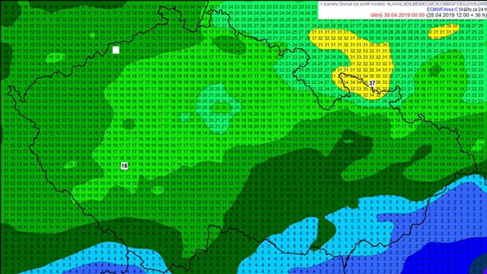 Mapa srážek za 24 hodin (29. 4. 0:00 - 30. 4. 0:00)