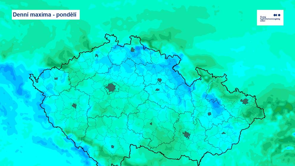 Maximální teploty v pondělí 30. prosince 2024