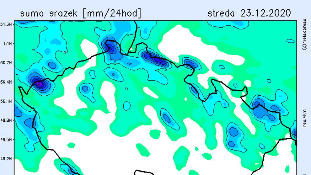 Mapa srážek - středa 23. 12. 2020