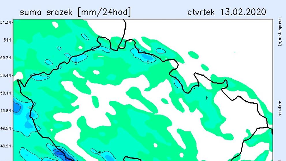Mapa srážek - čtvrtek 13. února