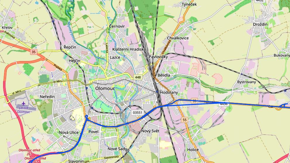 Trasa protínající Olomouc