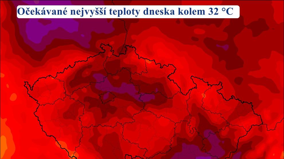 Očekávané nejvyšší teploty dneska kolem 32°C