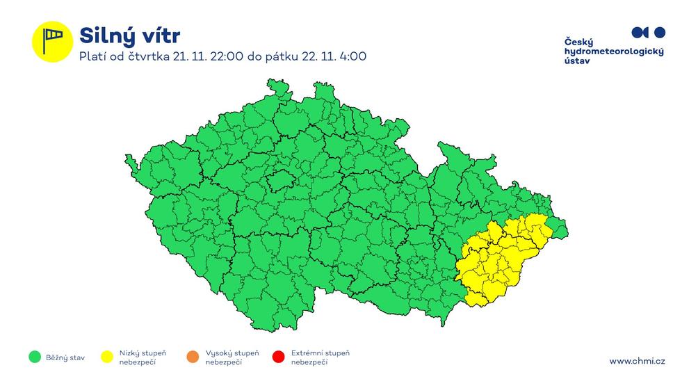 Výstraha před silným větrem, 21. listopadu 2024