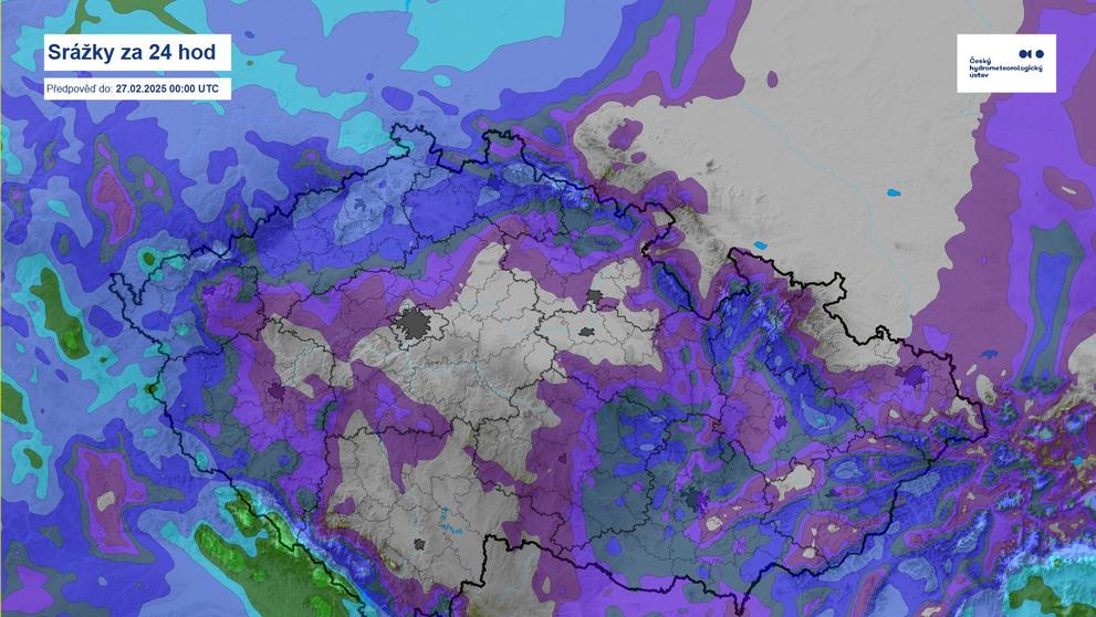 Srážky za 24 hodin, předpověď do 27. 2. 2025
