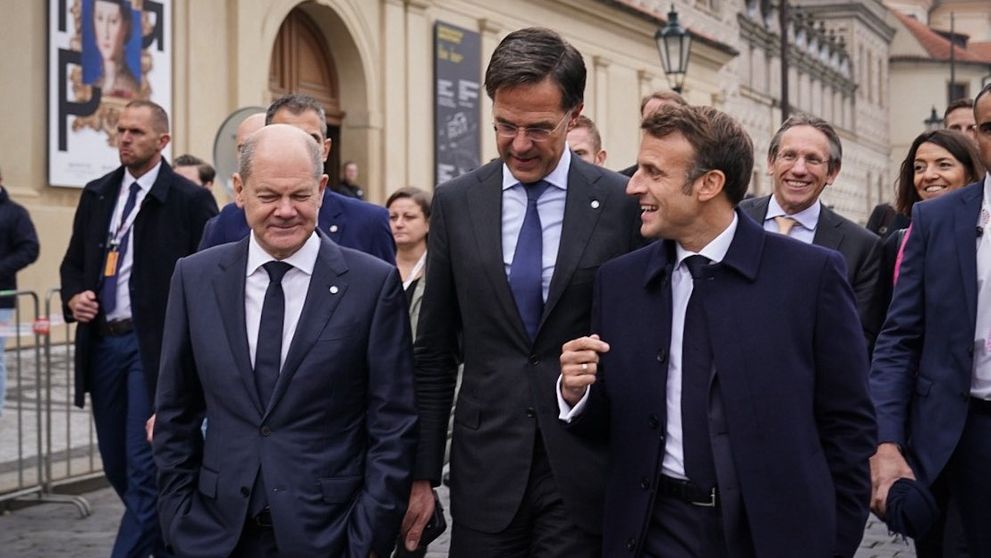 Olaf Scholz, Mark Rutte a Emmanuel Macron
