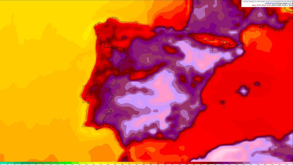 Maximální teploty dnes na Pyrenejském poloostrově, 30. 7.