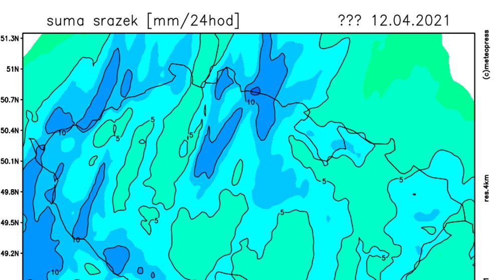 Mapa srážek - pondělí 12. dubna