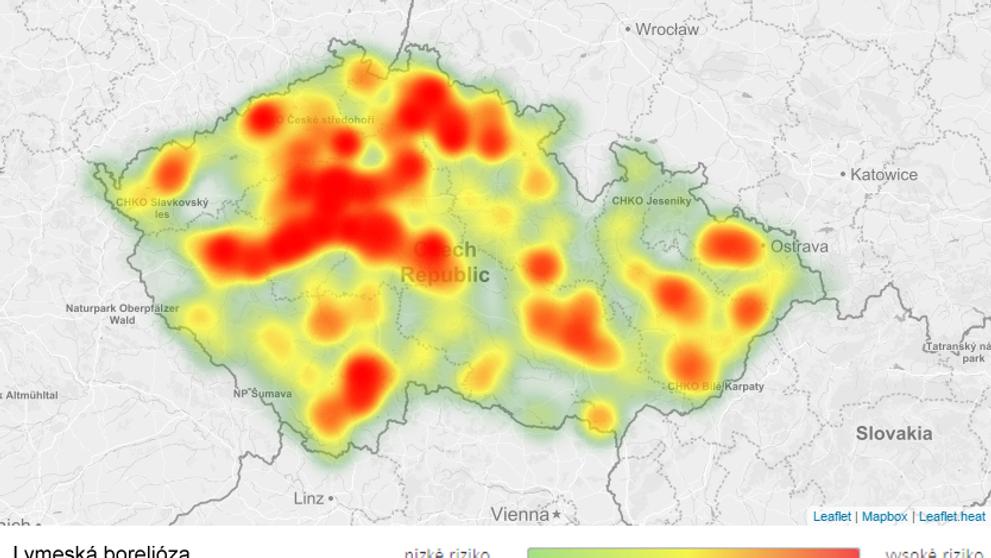 Mapa aktivity klíšťat na území České republiky - Lymeská borelióza
