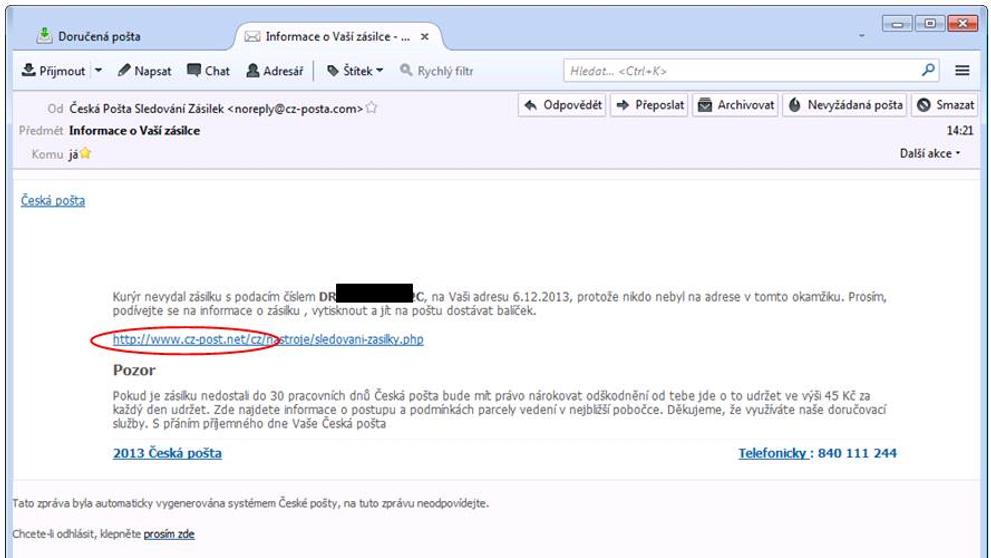 Podvodný mail se tváří jako by byl od České pošty