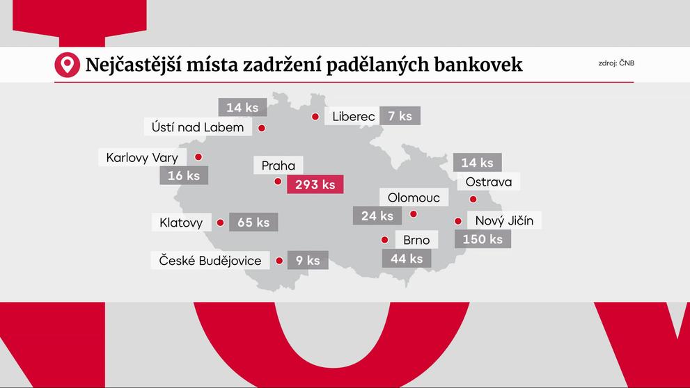 Nejčastější místa zadržení padělaných bankovek