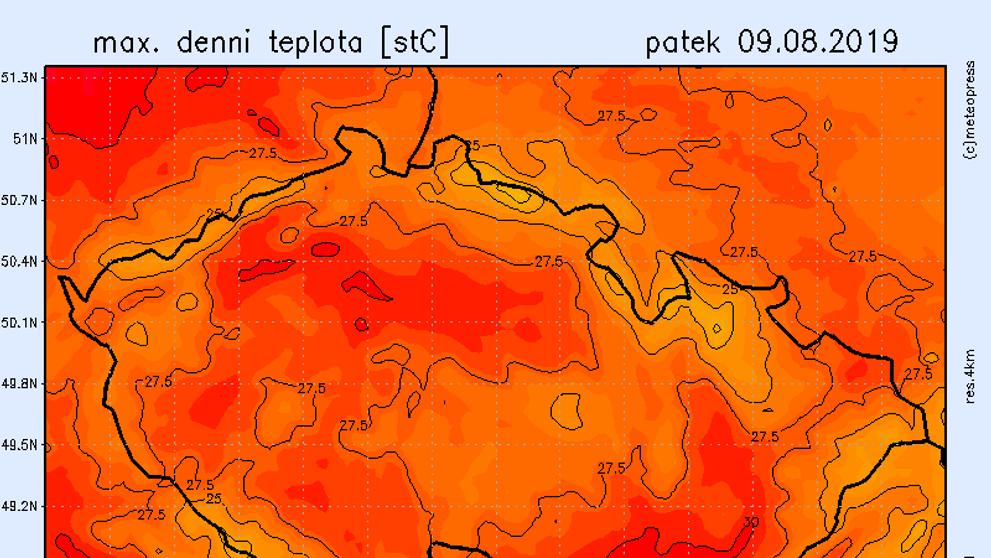 Teplotní mapa - pátek 9. 8. 2019