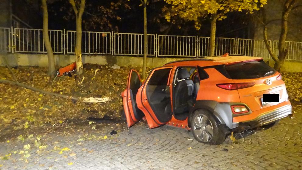 Elektromobil se odrazil od stromu zpět na silnici