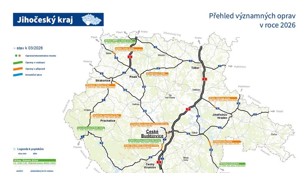 Přehled významných oprav v roce 2026 – Jihočeský kraj