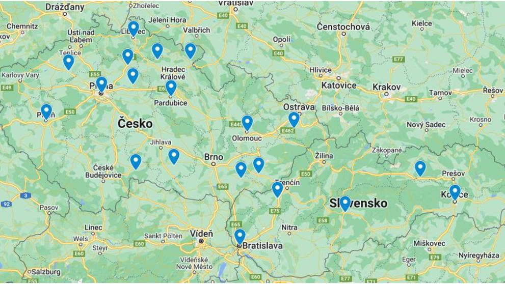 MAPA Do výzkumu se zapojilo 15 českých a 5 slovenských gymnázií