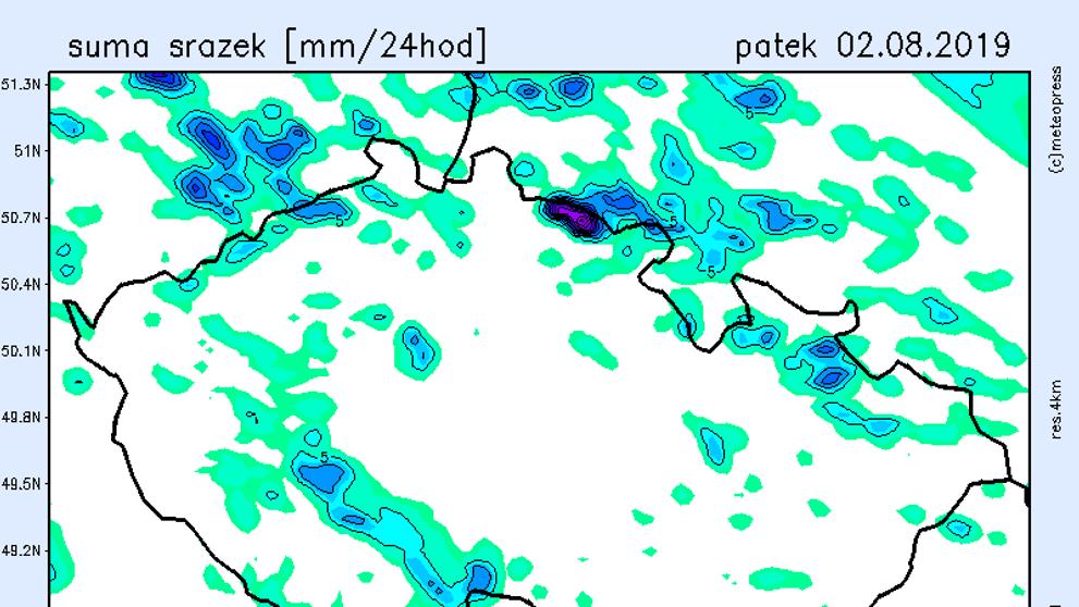 Mapa srážek - pátek 2. 8. 2019