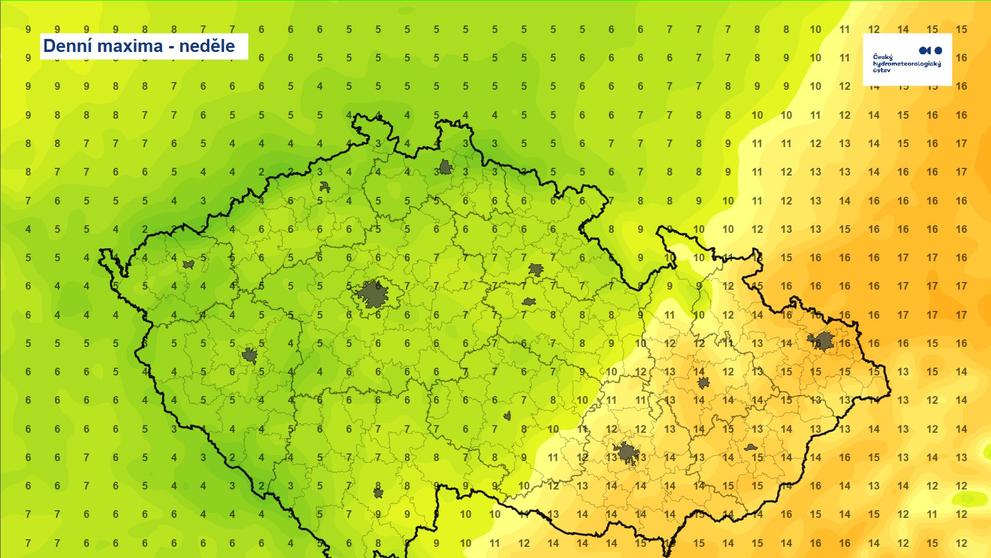 Mapa – Denní maxima během neděle