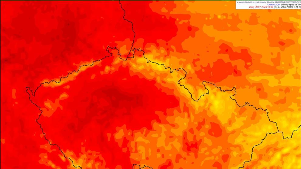 Maximální teploty dnes v ČR, 30. 7.