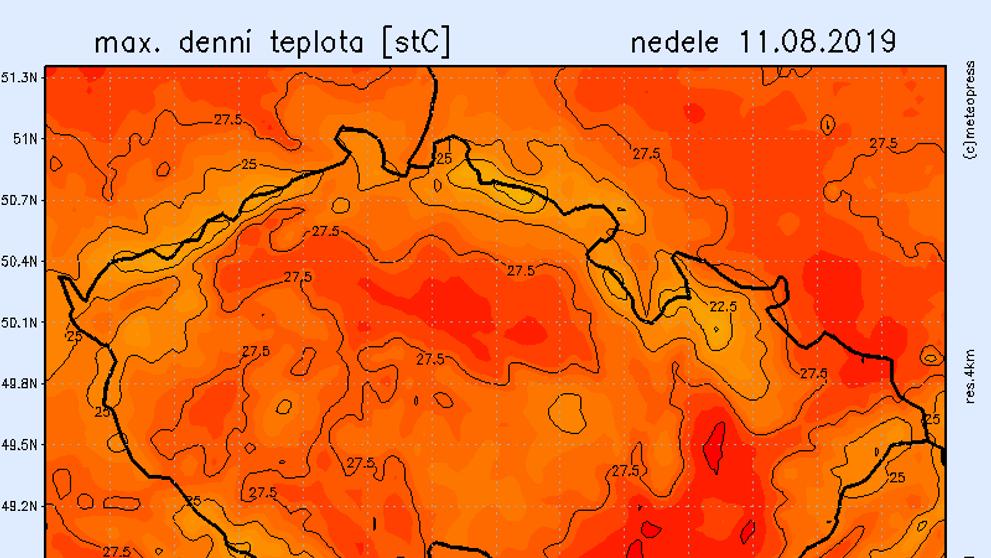 Teplotní mapa - neděle 11. 8. 2019