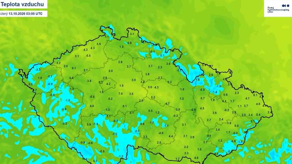 Teplota vzduchu v úterý 13. 10. 2026 v 5:00