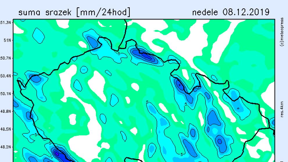 Srážkové mapy - neděle 8. 12. 2019
