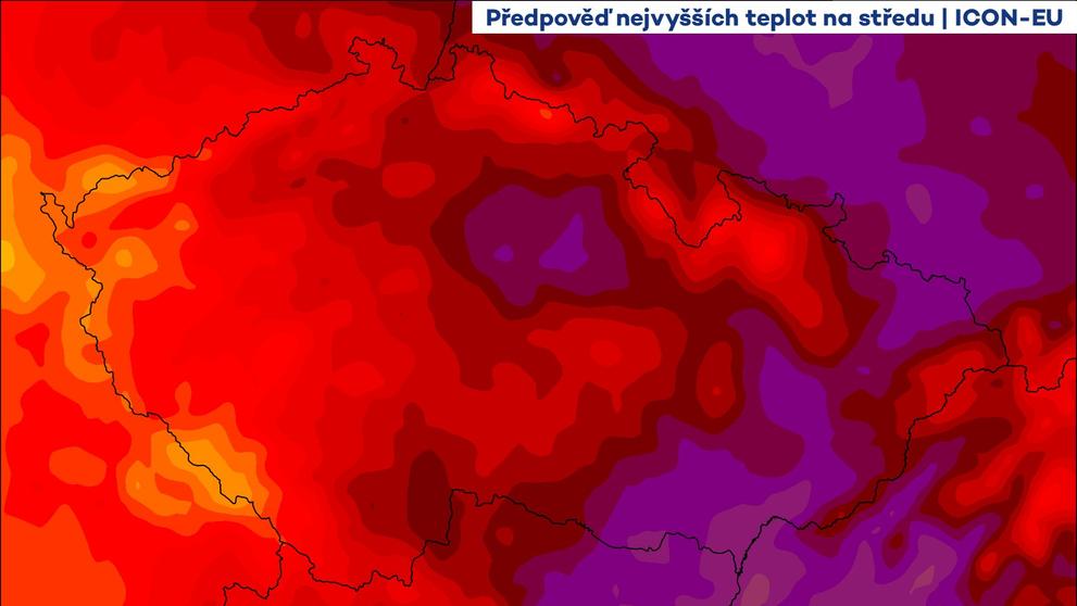 Předpověď nejvyšších teplot na středu