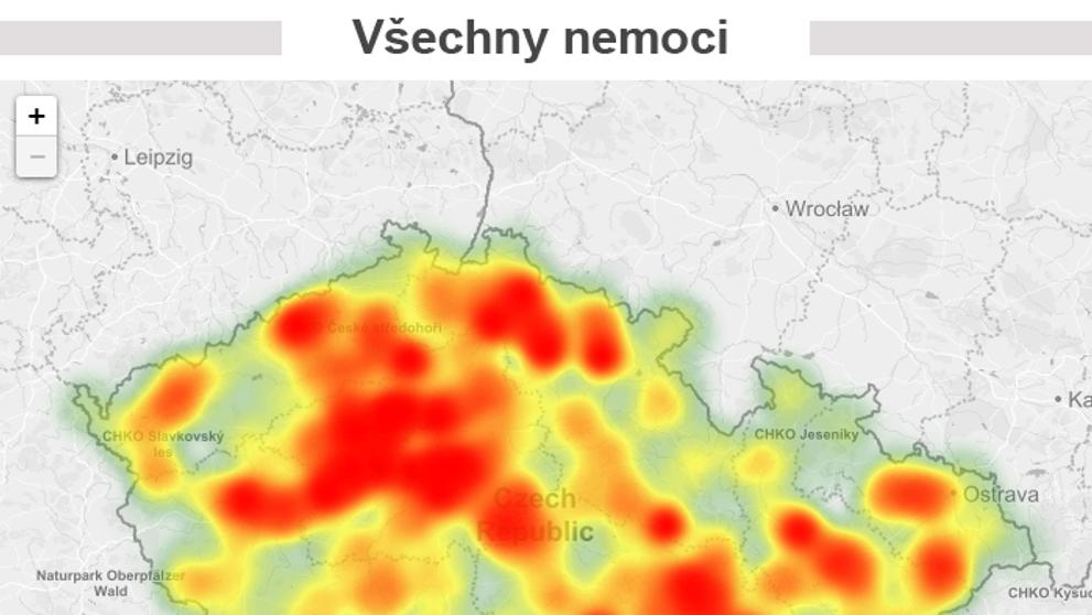 Mapa aktivity klíšťat na území České republiky - Všechny nemoci