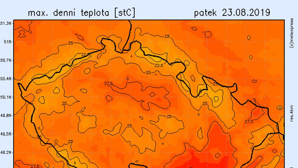 Teplotní mapa - pátek 23. 8. 2019