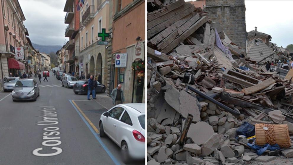 Italské město Amatrice před a po zemětřesení - 1