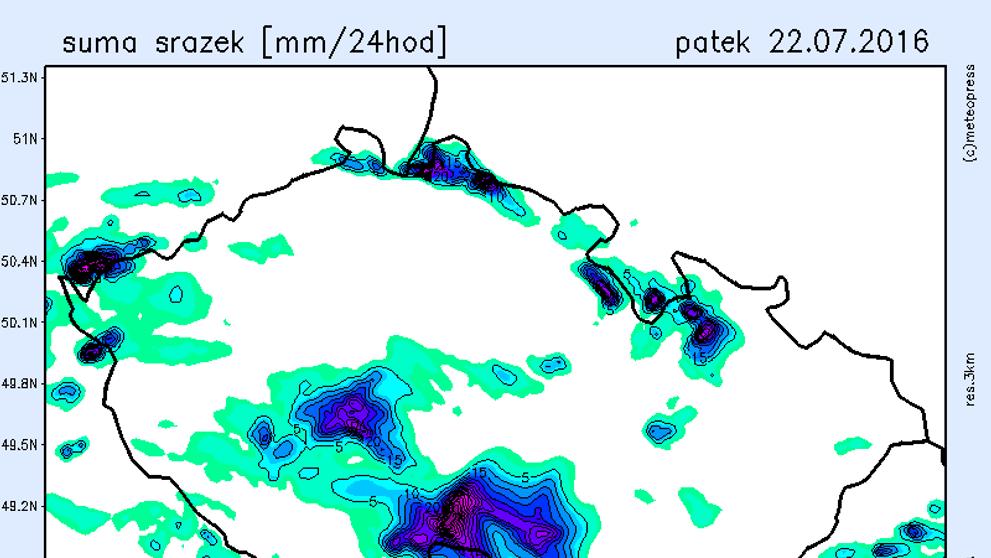 Srážková mapa - pátek 22. července
