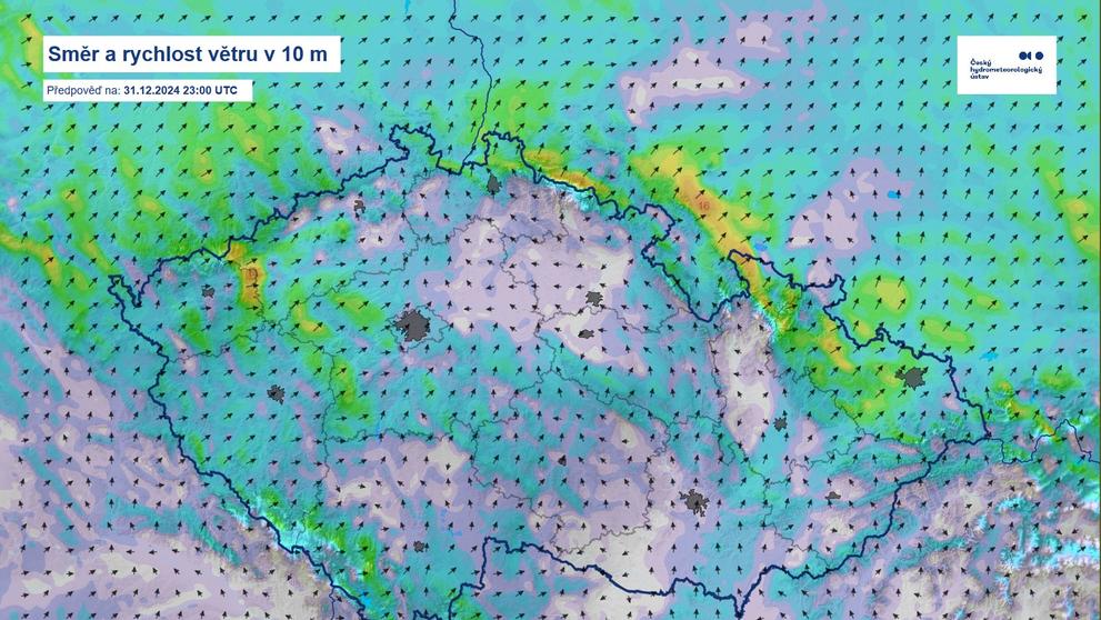 Směr a rychlost větru v 10 m, předpověď 31. 12. 2021 23.00.
