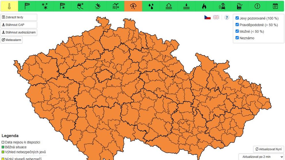 Výstraha velmi silnými bouřkami, pondělí 23. 6. 2025, od 12:00 do půlnoci