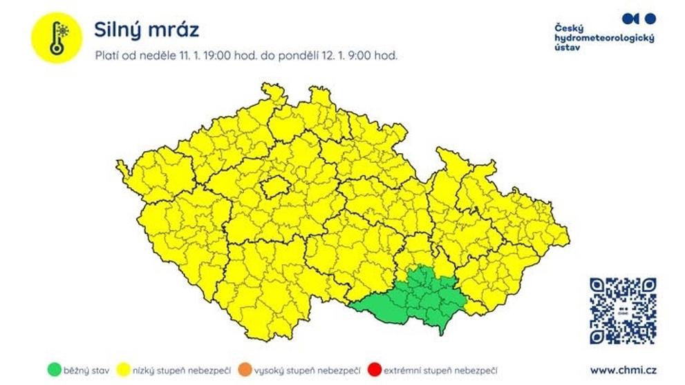 Výstraha před silným mrazem od nedělních 19 hodin
