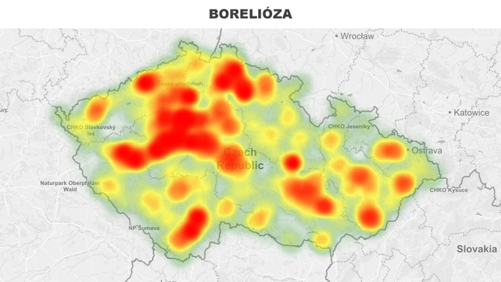 Mapa aktivity klíšťat na území České republiky - BORELIÓZA