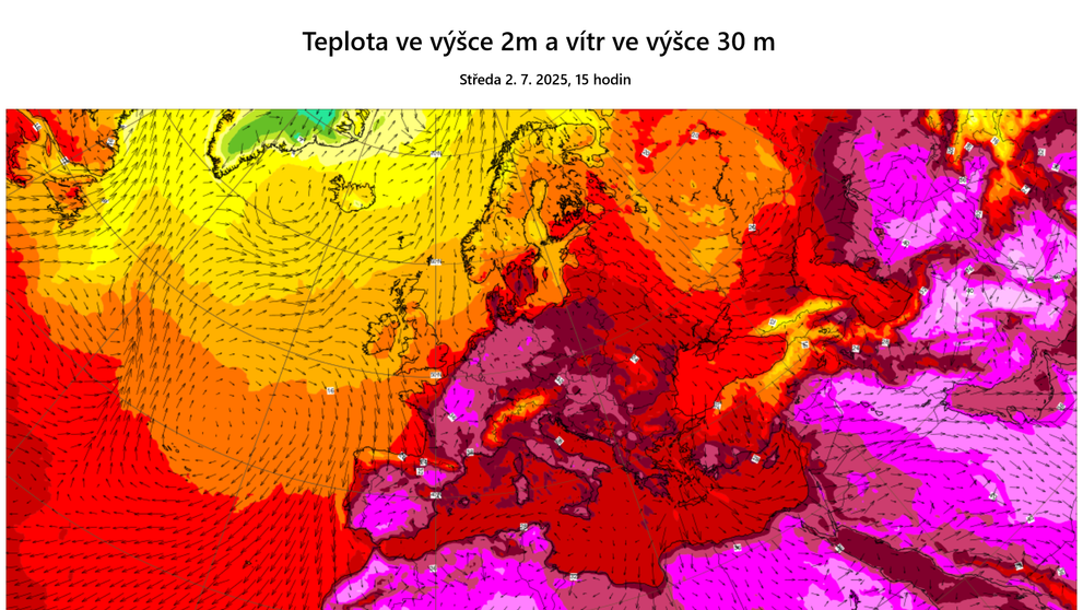 Teploty v Evropě ve středu 2. 7. 2025