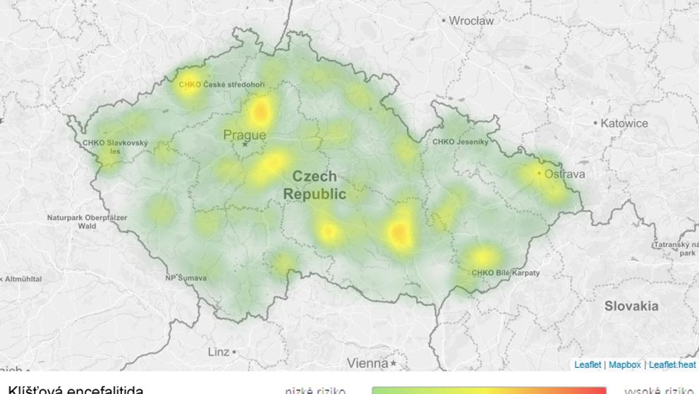 Mapa aktivity klíšťat na území České republiky - Klíšťová encefalitida
