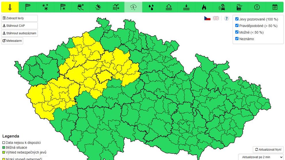 Výstraha před vysokými teplotami, neděle 22. 6. 2025, od 12:00 do 20:00