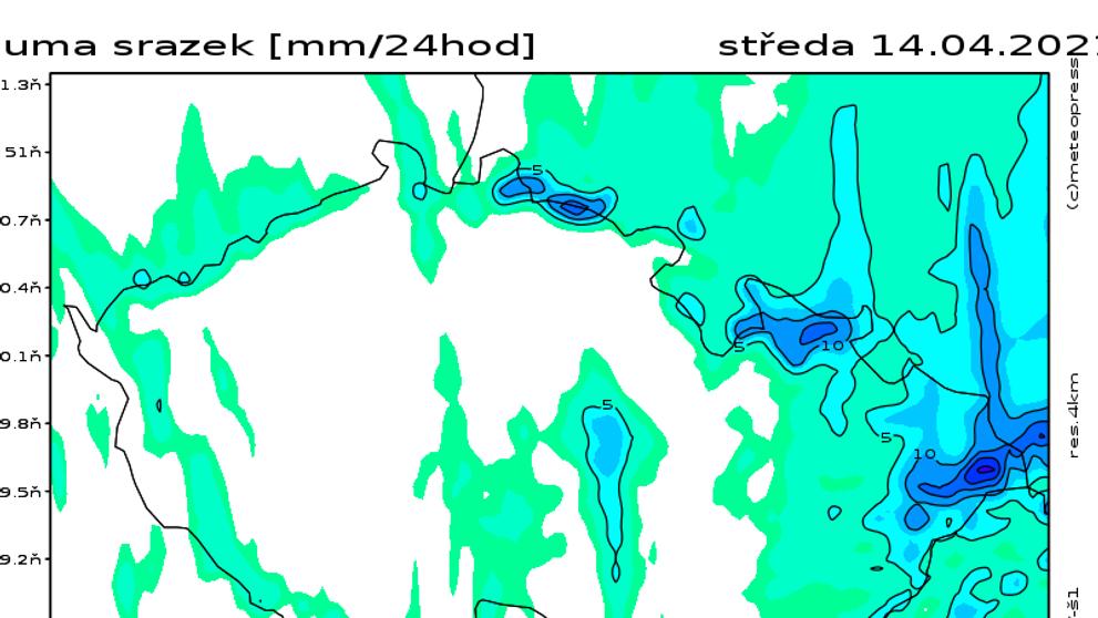 Mapa srážek - středa 14. dubna