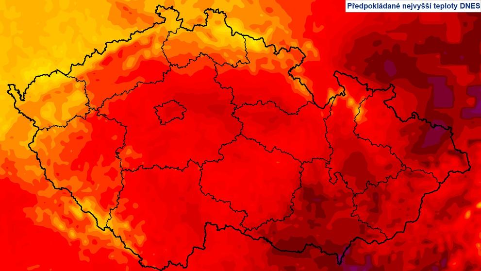 Předpokládané nejvyšší teploty, 19. 6. 2024