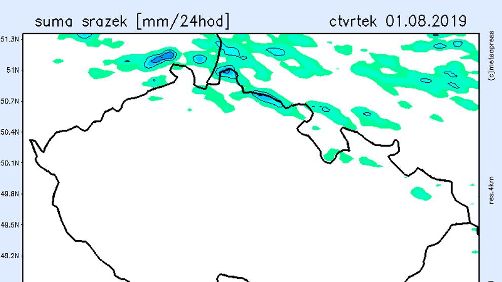 Mapa srážek - čtvrtek 1. 8. 2019
