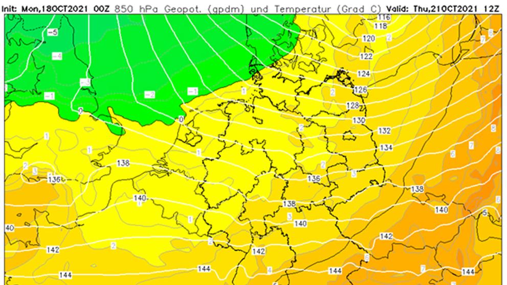 Teplota v hladině 850 hPa ve čtvrtek