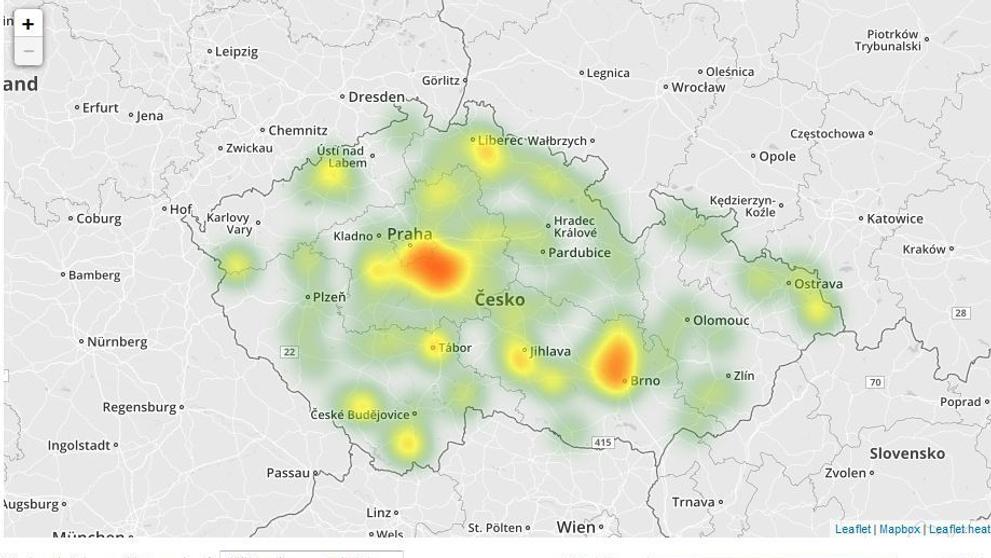 Mapa aktivity klíšťat v ČR - 2