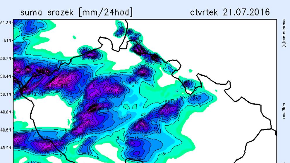 Srážková mapa - čtvrtek 21. července