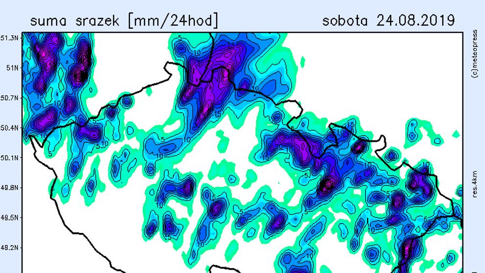 Srážkové mapy - sobota 24. 8. 2019