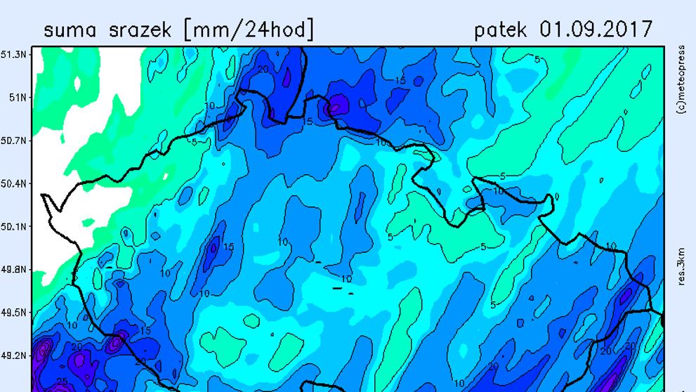Mapa srážek na pátek 1.9. 2017