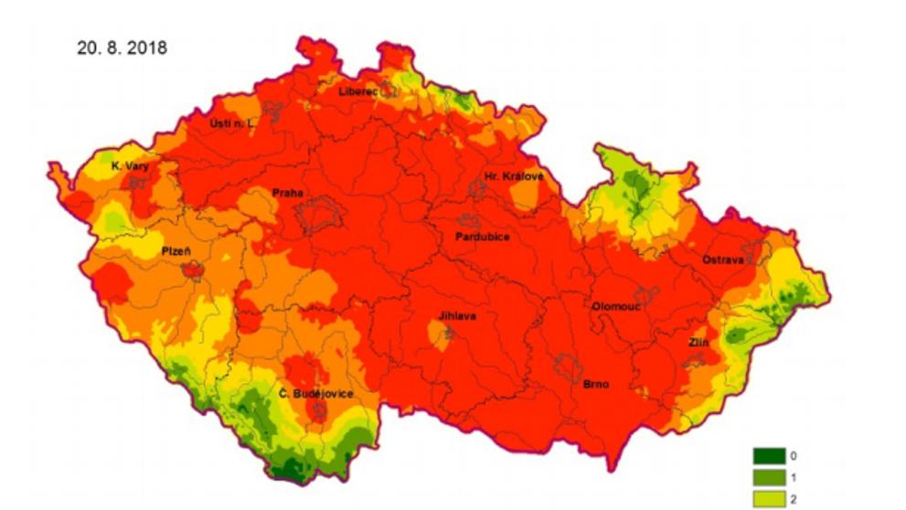 Mapa míry ohrožení půdním suchem.
