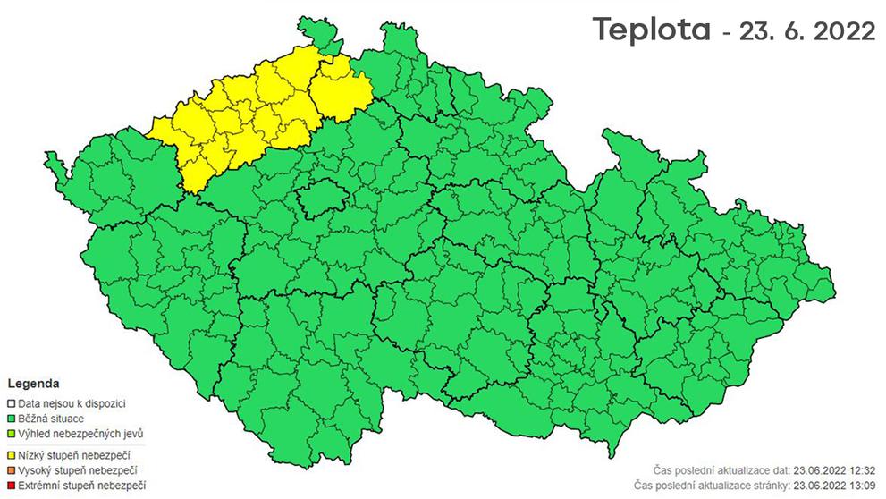 Mapa výstrah - teplota 23.6.