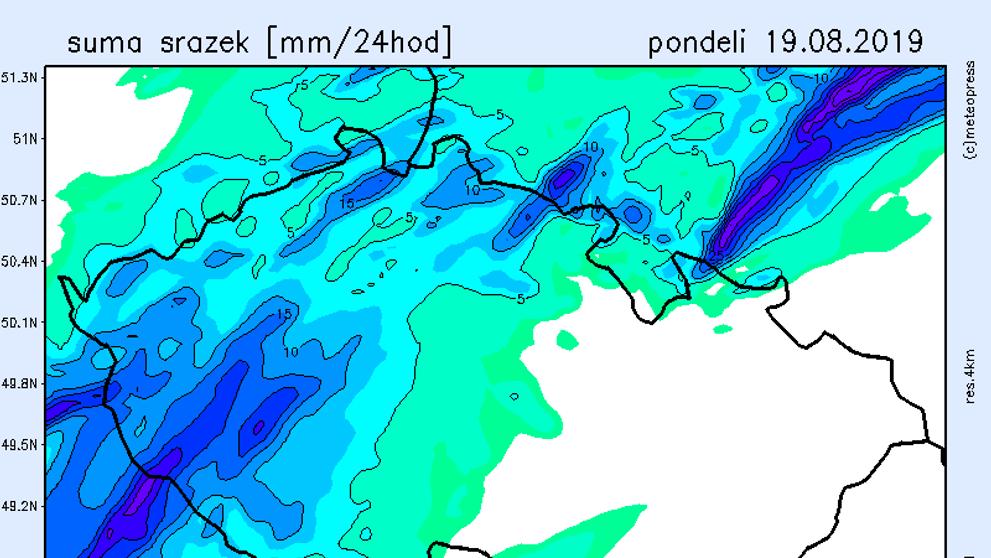 Srážkové mapy - pondělí 19. 8. 2019
