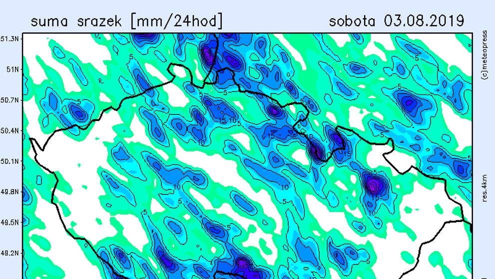 Mapa srážek - sobota 3. 8. 2019