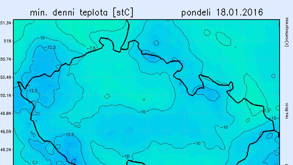 Mapa mrazu - pondělí 18. ledna